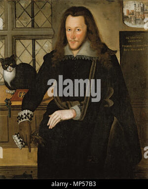 Die Grafen von Southampton. Portrait von Henry Wriothesley, 3rd Earl of Southampton (1573-1603). Ein kleines Bild der Tower von London befindet sich in der oberen rechten Hintergrund gezeigt, über den lateinischen Worten: In vinculis Invictus (' in Ketten Unconquered") Februa 8 1600; 601; 602; 603 Apri. Die Arme der Wriothesley (Azure, ein Kreuz oder zwischen vier Falken schließen Argent) auf dem Cover des Buches liegen auf der Fensterbank vor der Katze angezeigt werden. Vermutlich von April bis Juni 1603. 1274 Wriothesley Southampton Stockfoto