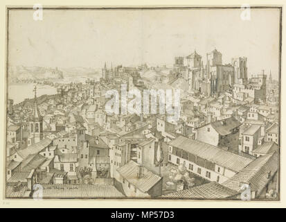 De la Ville d'Avignon et par dela: Veüe de la Ville d'Avignon et des Umgebung. Englisch: Blick vom Turm des Rathauses (Tour du Jacquemart, ursprünglich Teil der Livrée d'Albano) Blick nach Norden über die Dächer von Avignon. Der Papstpalast ist in der oberen rechten Ecke, die zerstörte Pont Maruéjols-lès-Gardon ist links oben. . Nicht datiert. (Entweder 1608, 1609 oder 1617 - siehe Hinweise). 864 Martellange Avignon 165 Stockfoto