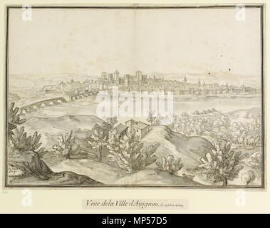 De la Ville d'Avignon et par dela: Veüe de la Ville d'Avignon et des Umgebung. Englisch: Blick von Avignon aus dem rechten Ufer der Rhone in der Nähe von Villeneuve-lès-Avignon. Die Zeichnung zeigt den Wällen der Stadt, den Papstpalast und die Pont Maruéjols-lès-Gardon. 1609 (vom Martellange links unten: 29. August 1609). 864 Martellange 1609 Avignon Stockfoto