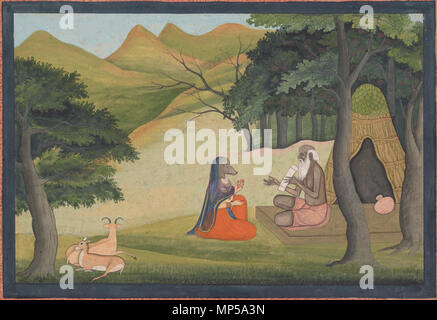 . Englisch: Das Thema dieser Malerei ist ungewöhnlich. Queen Choladevi, deren Mann durch Lakshrni, die Göttin des Glück gesegnet worden war, hatte die Göttin nicht erkannt, wenn Sie kam, um ihre Villa in der Verkleidung. Für ihre Vernachlässigung, die Königin wurde von der Gottheit verflucht und war der Kopf einer Sau gegeben. Sie floh in die Salbei Angiras, der ihr das Geheimnis der Mahalakshmi vrata gelehrt, durch deren Macht sie zu mortal Form restauriert wurde. Die Geschichte unterstreicht die Wirksamkeit von tantrischen Anbetung. 1790. Unbekannt 1035 Königin Choladevi vor dem Hermit-Sage Angiras Stockfoto