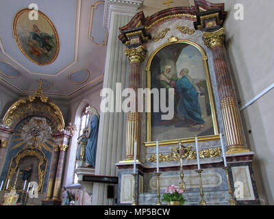 . Français: Elsass, Bas-Rhin, Église Notre-Dame-de-l'Assomption de Monswiller (IA 00055527). Autel secondaire (XVIIIe-XIX): Dieses Objekt ist Inscrit Monument Historique in der Basis Palissy, Datenbank der Französische Möbel Erbe des französischen Ministeriums für Kultur, unter den Referenzen PM 67001668 und 67003531. Brezhoneg | Deutsch | English | Español | English | Deutsch | Français | Magyar | Italiano | Plattdüütsch | Português | +/- Tableau "Heimsuchung" (Martin FEUERSTEIN, huile sur toile marouflée, 240 x 150, 1882): Dieses Objekt ist classé Monument Historique in der Basis Palissy, Datenbank Stockfoto