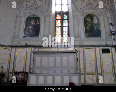 . Français: Elsass, Bas-Rhin, Église Notre-Dame-de-l'Assomption de Monswiller (IA 00055527). Stalles (XVIIIe): Dieses Objekt befindet sich in der Basis Palissy, Datenbank der Französische Möbel Erbe des französischen Kulturministeriums indiziert, unter der Referenz IM 67003532. Brezhoneg | Deutsch | English | Español | English | Deutsch | Français | Magyar | Italiano | Plattdüütsch | Português | +/- Tableaux "Vie de la Vierge" (Martin FEUERSTEIN, huile sur toile marouflée, 240 x 150, 1882): Dieses Objekt ist classé Monument Historique in der Basis Palissy, Datenbank der Französische Möbel Erbe der Fr Stockfoto