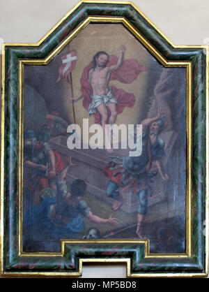 . Français: Elsass, Bas-Rhin, Église Notre-Dame-de-l'Assomption de Monswiller (IA 00055527). Tableau "Résurrection du Christus' (Inconnu, huile sur toile, 133 x 102, XVIIIe-XIX): Dieses Objekt ist Inscrit Monument Historique in der Basis Palissy, Datenbank der Französische Möbel Erbe des französischen Ministeriums für Kultur, unter den Referenzen PM 67001680 und 67003545. Brezhoneg | Deutsch | English | Español | English | Deutsch | Français | Magyar | Italiano | Plattdüütsch | Português | +/-. 9. April 2014. © Ralph Hammann - Wikimedia Commons 903 Monswiller NDAssomption 50 Stockfoto