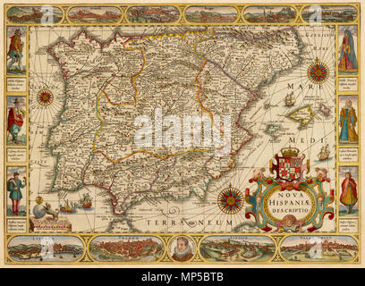 Nova Descriptio Hispaniae. Español: Orientado con Rosas con Lis. Nudos de rumbos. - Márgenes graduados. Dibujados meridianos y paralelos formando cuadrícula. - Entlasten por Montes de perfil y sombreado. - Rot hidrográfica Destacada. - The Stone of Destiny toponimia. - Divisiones diferenciadas administrativas por Farbe. Poblaciones representadas por conjuntos de edificaciones según su importancia. - Costas sombreadas con un fino Rayado. El mapa No está datado Pero se puede fechar hacia 1610 teniendo en cuenta La presencia De retrato del rey Felipe III (1598-1621) y el año del fallecimiento del Autor Stockfoto