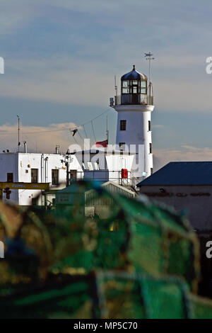 Hummer Töpfe und den Leuchtturm. Von Scarborough Leuchtturm und Hafen Eingang im hellen Sonnenschein hinter einen Vordergrund Haufen von Hummer traps. Stockfoto