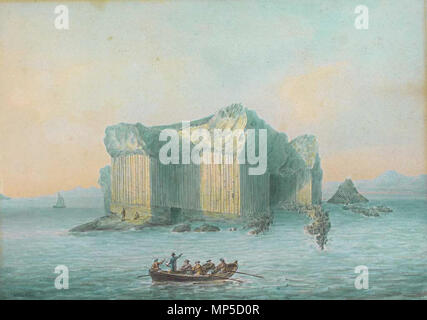 . English: Blick auf die Felseninsel Staffa, Innere Hebriden. Im Vordergrund Ruderboot. Aquarell. 25 x 35 cm. Signiert und 1792 datiert. Englisch: Blick auf Staffa Insel der Inneren Hebriden, Aquarelle. 25 x 35 cm. Signiert und datiert 1792. . 1792. 924 Nicholas Pocock Staffa 1792 Stockfoto