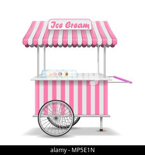 Realistische Street Food Warenkorb mit Rädern. Mobile rosa Eis markt Vorlage abgewürgt. Eis Kiosk Store mockup. Vector Illustration Stock Vektor