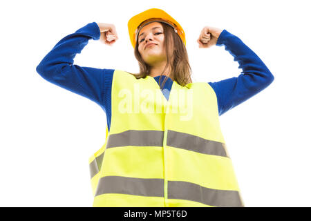 Leistungsstarke attraktive junge Frau Architekt oder Ingenieur steigende Arme so stark erfolgreiche Haltung auf weißem Hintergrund Stockfoto