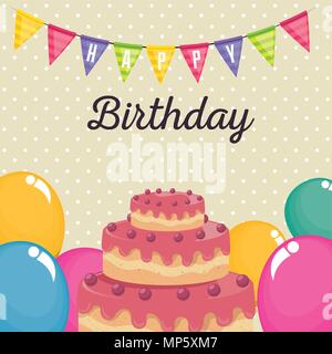 Geburtstagskarte mit süssen Kuchen und Luftballons Luft Stock Vektor