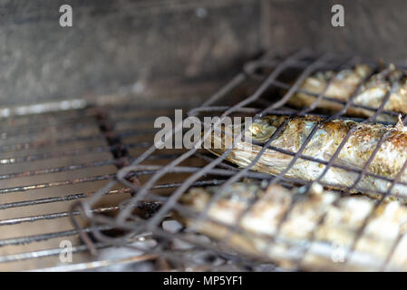 Drei frische Fische Braten vom Grill auf Grillparty während sonniger Tag. Stockfoto