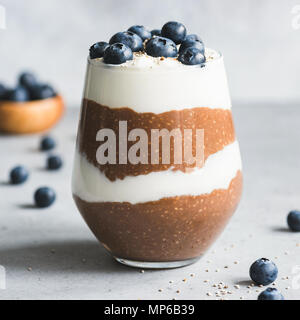 2-in-1-Schokolade chia Pudding mit Joghurt und Heidelbeeren im Glas. Detailansicht, Quadrat Erntegut Stockfoto
