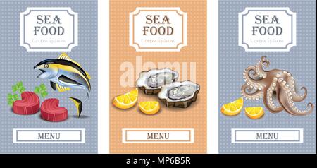Sea Food Speisekarte Vektor realistisch. Layout Vorlage mit Austern, Thunfisch und Tintenfisch Stock Vektor