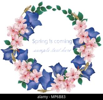 Der Frühling kommt Karte mit Cherry Blumen Kranz Vektor. Realistische ausführliche Darstellung Stock Vektor