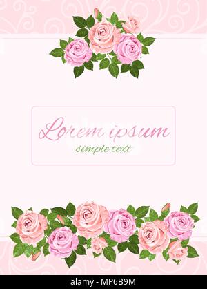 Beige und rosa Rosen vektor Hochzeit Einladungen mit Platz für Text. Floral Design für Grußkarten, kopieren Raum Stock Vektor