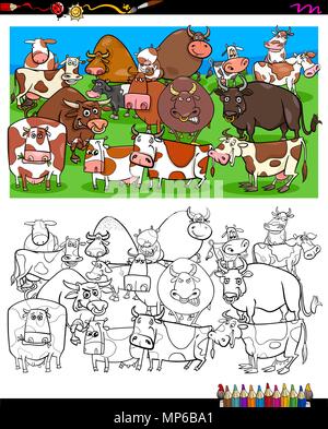 Cartoon Illustration von Kühen und Stieren Farm Animal Zeichen Gruppe Malbuch Aktivität Stock Vektor
