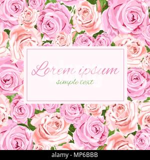 Zartes Rosa und Beige Rosen vektor Hochzeit Einladungen mit Rahmen, Platz für Text. Floral Design für Grußkarten, kopieren Raum Stock Vektor