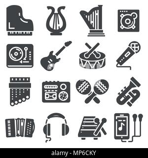 Einfache Musik bezogenen Vector Icons. Enthält solche Ikonen wie Gitarre, Violinschlüssel, In-Ear-Kopfhörer, die Trompete Stock Vektor