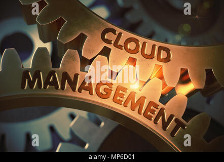 Cloud Management auf goldenen Cog Gears. 3D-Darstellung. Stockfoto