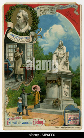 Denkmäler de savants celebres Memorial Trading Card für Justus von Liebig. Französische Trading Card für Véritable Extrait de viande Liebig (Real Liebig Fleischextrakt), Justus von Liebig auf der Vorderseite. Es gibt drei Bilder auf der Vorder-zentrale Bild ist ein Denkmal für Liebig, zwei weitere Bilder sind auf der linken Seite ist eine Büste von Liebig durch Lorbeerblätter umgeben, untere Bild ist von Liebig in seinem Labor. Bild der Container in der unteren rechten Ecke. Text auf Vorderseite Produkt identifiziert und Liebig. Von vorne oben nach unten und von links nach rechts: 'Monuments/de Savants/celebres. (Denkmal Stockfoto