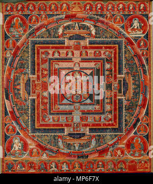 X-Standard. Englisch: Mandala der Formen des Manjushri ist der Bodhisattva des Transzendenten Weisheit, Tibet. In der Mitte sitzt Manjushri, der friedlichen Form von Manjuvajra, ein Bodhisattva, der Schnitte durch Unwissenheit. Er ist golden, hat drei Gesichter, und schließt seine Gefährtin Prajna - Ikonographie, wie vorgeschrieben im Vajrayana text der Nishpanna Yogavali (Garland der Vollkommenheit Yoga). In den vier Richtungen sind Türme mit floralen Motiven spuckende aus dem Mund der makaras, die zusammen die Form der gekreuzten Vajras, bezeichnet das stabile Achse auf dem Manjushri sitzt. Ringe von Lotusblüten, Vajras und Fire m Stockfoto