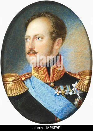 . Englisch: Nikolaus I., Kaiser von Russland (1796-1855) Diese Miniatur in der Emaille Inventar von 1877 von Lee im Jahre 1845 gemalt worden zu sein, obwohl er von Königin Victoria im Jahre 1844 in Auftrag gegeben und in Ihre privaten Konten aufgelistet zu diesem Zeitpunkt: "Lee für Emails des Kaisers von Rußland, der Herzog von Braunschweig & Prinz Chas: Ed 2d Pretender £ 53.0.0." (RA VIC/ADDT/231/67). Es ist nach einem Gemälde von Franz Krüger (1797-1857) von einer Gravur bekannt von Carl Mayer (RCIN 614567). Der Kaiser ist in der imperialen russischen Uniform mit der Multifunktionsleiste und Stern des Ordens des hl. Andreas, des Sta gezeigt Stockfoto