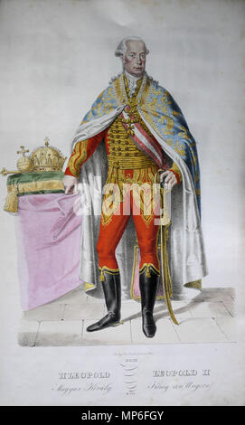 . English: Leopold II. (1741-1790), römisch-deutscher Kaiser, Erzherzog von Österreeich, König von Böhmen und Ungarn, etc. Lithographie von Josef Kriehuber nach einer Zeichnung von Moritz von Schwind aus ungerns Erste Heerführer Herzoge und Koenige In einer Reihe von Bildnissen von Bela bis in Seine Majestät Kaiser Franz I. von Österreich König von Ungern &c., &c. Wien: lithographisches Institut; Ca. 1828. . 1828. 805 Leopold II Litho Stockfoto