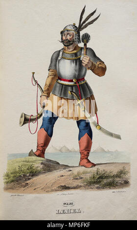 . English: Lehel (gest. 955) ungarischer Heerführer. Lithographie von Josef Kriehuber nach einer Zeichnung von Moritz von Schwind aus ungerns Erste Heerführer Herzoge und Koenige In einer Reihe von Bildnissen von Bela bis in Seine Majestät Kaiser Franz I. von Österreich König von Ungern &c., &c. Wien: lithographisches Institut; Ca. 1828. ca. 1828. 801 Lehel Litho Stockfoto