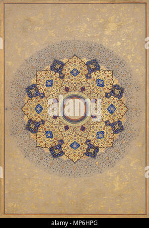 Rosette mit den Namen und Titel von Shah Jahan; Folio aus dem Shah Jahan Album. Esperanto: Rozeto, kiu enhavas La nomojn Kaj titolojn de Ŝaho Jahano; paĝo El la Albumo de Ŝaho Jahano. . Eine shamsa (buchstäblich, Sun) traditionell eröffnete Imperial Mughal Alben. Die in hellen Farben und mehrere Töne von Gold gearbeitet, liebevoll gestalteten und bemalten Arabesken sind von den fantastischen Blumen, Vögel und Tiere. Die Inschrift in der Mitte lautet: "Seine Majestät Shihabuddin Muhammad Shahjahan, der König, Krieger der Glauben, Gott sein Reich und Souveränität zu verewigen." Esperanto: 'Ŝamso' Stockfoto