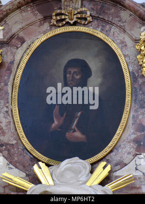 . Français: Elsass, Haut-Rhin, Église Saint-Sébastien de Soultzmatt (PA 68004357 00085689, IA). Autel secondaire de Saint-Joseph avec Tableaux (1778): Dieses Objekt ist classé Monument Historique in der Basis Palissy, Datenbank der Französische Möbel Erbe des französischen Ministeriums für Kultur, unter den Referenzen PM 68000353, 68007648 und 68007647 Tableaus Tableaus IM. Brezhoneg | Deutsch | English | Español | English | Deutsch | Français | Magyar | Italiano | Plattdüütsch | Português | +/-. 18. Mai 2015. © Ralph Hammann - Wikimedia Commons 1134 Soultzmatt StSebastien 61 Stockfoto