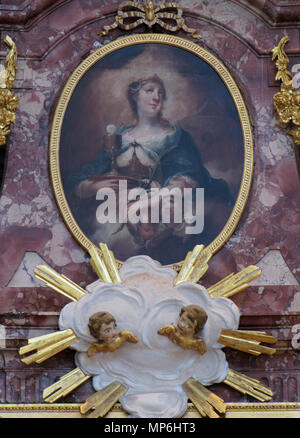 . Français: Elsass, Haut-Rhin, Église Saint-Sébastien de Soultzmatt (PA 68004357 00085689, IA). Autel secondaire de Saint-François-Xavier avec Tableau (1777): Dieses Objekt ist classé Monument Historique in der Basis Palissy, Datenbank der Französische Möbel Erbe des französischen Ministeriums für Kultur, unter den Referenzen PM 68000352, 68007648 und 68007647 Tableaus Tableaus IM. Brezhoneg | Deutsch | English | Español | English | Deutsch | Français | Magyar | Italiano | Plattdüütsch | Português | +/-. 18. Mai 2015. © Ralph Hammann - Wikimedia Commons 1134 Soultzmatt StSebastien 63 Stockfoto