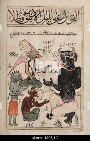 . Englisch: Der schwarze König des Djinns, Al-Malik al-Aswad, in Kitab al-Bulhan dargestellt = Composite Astrologie/Astronomie/Geomantie arabischen Manuskript. Original im Besitz der Bodleian Bibliothek Signatur; MS. Bodl. Oder. 133. Fol. 30 b. Ende des 14. Jahrhunderts. Mehrere/Unbekannt 767 Kitab al-Bulhan - - - Teufel sprechen Stockfoto