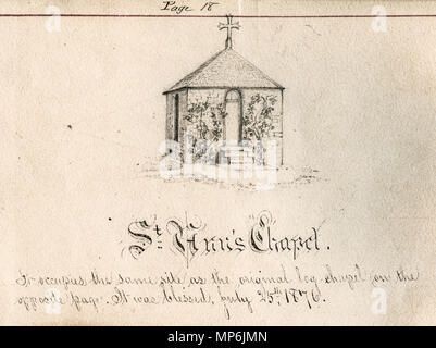 Gebundenes Buch mit Skizzen von Saint Mary's Gründen, hauptsächlich von Schwester Maurice Schnell, mit einigen von Schwester St. Francis Xavier Lefer, Vater Corbe und Studenten. . Englisch: St. Anne Shell Kapelle, im Jahre 1876, auf dem Gelände der Schwestern von der Vorsehung von Saint Mary-of-the-Woods, Indiana. Kunstwerke von Schwester Maurice schnell bearbeitet wurde Klarheit zu verbessern. . Zwischen 1876 und 1889. 1137 St Mary Skizzenbuch 18-St Anns Kapelle (Erweitert) Stockfoto
