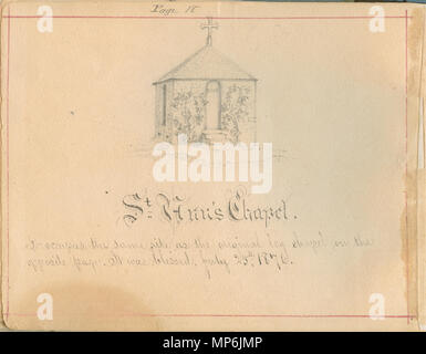 Gebundenes Buch mit Skizzen von Saint Mary's Gründen, hauptsächlich von Schwester Maurice Schnell, mit einigen von Schwester St. Francis Xavier Lefer, Vater Corbe und Studenten. . Englisch: St. Anne Shell Kapelle, im Jahre 1876, auf dem Gelände der Schwestern von der Vorsehung von Saint Mary-of-the-Woods, Indiana. Kunstwerke von Schwester Maurice Schnell. . Zwischen 1876 und 1889. 1137 St Mary Skizzenbuch 18-St Anns Kapelle Stockfoto