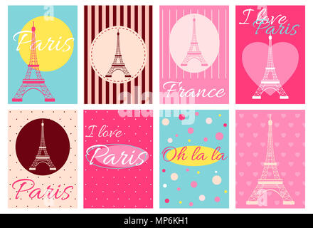 Ich liebe Paris. Satz von Ferienhäuser Banner, Flyer, Plakat im Retro-Stil mit Eiffelturm und Inschriften. Vintage Labels für Scrapbooking. Vektor templa Stockfoto