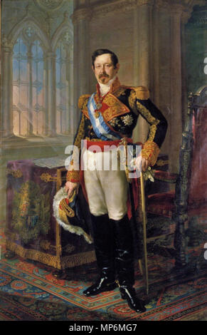 El Capitán general Ramón María Narvaez, primer Duque de Valencia. Español: Retrato del Militar y y político español Ramón María Narváez (1800-1868), capitán General del Ejército Español, primer Duque de Valencia, Grande de España y Presidente del Consejo de Ministros de España en Varias ocasiones Durante el reinado de Isabel II. El Título de Duque de Valencia le fue concedido Isabel II por el día 18 de Noviembre de 1845 y el retratado aparece vistiendo El uniforme de Gala de capitán General, y ostentando sobre la Casaca el Collar de la Orden del Toisón de Oro, y las Cruces y Bandas de las ó Stockfoto
