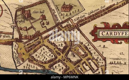 . Englisch: 7/8 Bild von John Speed Karte von Cardiff, Wales (1610). 1610. John John's Geschwindigkeit Geschwindigkeit 735 Karte von Cardiff, Wales (Rathaus) Stockfoto