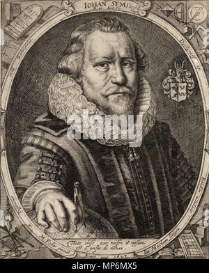 . Nederlands: Portret van de Ingenieur en landmeter Johan Sems (1572-1635), Tiefdruck Tür Jakob Matham naar een portret van Martin Faber Deutsch: Inschrift umliegenden ovale Portrait von Johan Sems: Iohan Sems (hoofdGeland?); anno 1623; Ingenieur ende Geometrae; AEtat. Suae 51; Dyckgraef op Bonder Nieulandt. "Toute wählte par Raison et mesure, Preise de Natur eté." M.Faber pinxit; Iac. Matham sculpsit. 1623. Jakob Matham (1571-1631) Alternative Namen Jacob Adriaensz. Matham Beschreibung niederländische Grafiker und Zeichner Geburtsdatum / Tod 15. Oktober 1571 (Taufen) vom 20. Januar 1631 Stockfoto