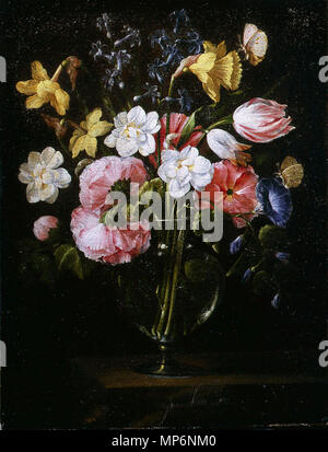 Englisch: Rosen, Clematis, eine Tulpe und andere Blumen in einer Glasvase auf einer hölzernen Einfassung mit einem Schmetterling circa 1650. 747 Juan de Arellano - Blumen in einer Vase Stockfoto
