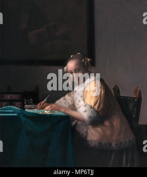 Eine Dame schreiben * Öl auf Leinwand * 45 × 39,9 cm * c l.: IVMeer * ca. 1665 eine Dame schreiben, von Johannes Vermeer729 Johannes Vermeer - eine Dame schreiben (c) 1665-1666 Stockfoto