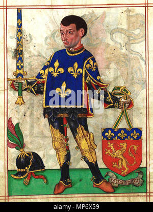 . Português: Bertran de Reselin Englisch: Bertrand du Guesclin Français: Bertrand du Guesclin (présenté parfois comme le Dixième Preux, Il est ajouté dans cet Armorial à la Série les Armoiries de Neuf Preux). Українська: Бертран дю Геклен. 1509. João Do Cró 795 LDAM (w. 005 v) Bertran de Reselin Stockfoto