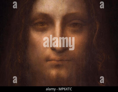 Salvator Mundi (Detail). Leonardo da Vinci, Salvator Mundi. Das Gemälde wurde bei Christie's New York, November 15, 2017, für $ 450,3 Mio. verkauft und ist somit das teuerste Gemälde jemals verkauft. ca. 1500. 804 Leonardo da Vinci, Salvator Mundi, Detail der Gesicht Stockfoto