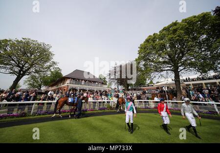 Jockeys geben Sie die Parade Ring Dante Dante Festival 2018 Festival 2018, Rennbahn von York York Racecourse, York, England, 18. Mai 2018 Credit: Allstar Bildarchiv/Alamy leben Nachrichten Stockfoto