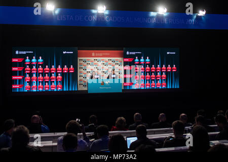 Madrid, Spanien. 21. Mai 2018. National Football Team Coach von Spanien Julen Lopetegui hält eine Pressekonferenz die 23 Spieler für die WM 2018 zu verkünden, die in Russland stattfinden wird. Madrid, Spanien. Credit: Marcos del Mazo/Alamy leben Nachrichten Stockfoto