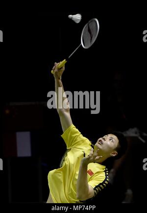 Bangkok, Thailand. 21 Mai, 2018. Shi Yuqi von Team China gegen Lucas pachtabgabe Team France während der BWF Thomas Cup 2018 Gruppe A Match in Bangkok, Thailand, am 21. Mai 2018 konkurriert. Credit: Wang Shen/Xinhua/Alamy leben Nachrichten Stockfoto