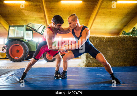 21. Mai 2018, Deutschland, Leinfelden-Echterdingen: Wrestling World Champion Frank Stäbler (R) Ausbildung auf einen Wurf Technik mit seinen trainingspartner Mohammad Papi in einem ehemaligen Kuhstall im Stadtteil Musberg. Aufgrund eines internen Streit in seinem lokalen Fitnessstudio, TSV Musberg, den 28-jährigen Ringkämpfer gezwungen worden, hat sich für die Wm vorzubereiten, in Budapest Ende Oktober stattfinden, in einem ehemaligen Kuhstall auf dem Bauernhof seiner Eltern. Foto: Christoph Schmidt/dpa Stockfoto