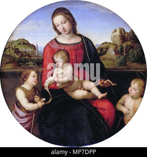 English: Maria mit dem Art, Johannes d.T. und 1963 HL. Knaben (Madonna Terranuova) Englisch: Maria mit dem Kind, Johannes dem Täufer und dem heiligen Boy (Madonna Terranuova) Italiano: Maria con il Bambino, Giovanni Battista e un Santo ragazzo (Madonna Terrranuova) ca. 1505. 839 Madona TerranovaFXD Stockfoto