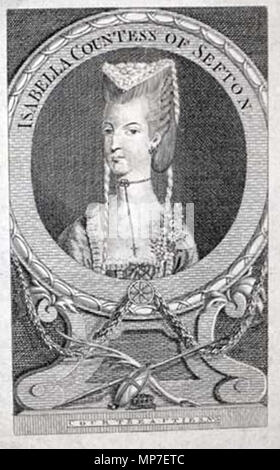 Isabella, Gräfin von Sefton. Gravur von London Magazin (London, England) die Londoner Zeitschrift wurde ursprünglich im Jahre 1732 als "London Magazin oder Gentlemen's Monatliche Intelligencer" gegründet. Es lief von 1732 bis 1785 in der politischen Opposition zu den Tory-basierte Gentlemen's Magazin. Bildgröße in der Regel 17 x 11+ cm unmontiert Knapp. datiert aus dem Jahr 1777 "Gericht Schönheiten". Nummer 14. 1777. 675 Isabella Gräfin von efton Stockfoto