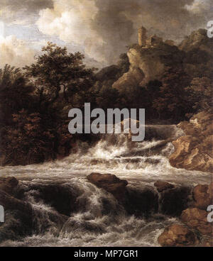 Wasserfall mit Burg auf dem Felsen ca. 1665 gebaut. 682 Jacob Isaacksz van Ruisdael - Wasserfall mit Burg auf dem Felsen-WGA 20505 Stockfoto