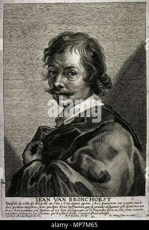 . Englisch: Gravur von Jean Van Bronchorst (1603-1661), (nach seinem gezeichneten Selbstporträt). 1662. Jan Meyssens excudit (Drucker), Jan Gerritszoon van Mijn delin. (Maler), Pieter Balliu sculpsit (Stecher) 695 Jan Bronchorst Stockfoto