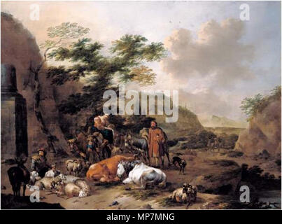 Englisch: Hirten mit ihren Herden, in einer hügeligen Landschaft zwischen 1649 und 1665. 697 Jan Frans Soolmaker - Hirten mit ihren Herden, in einer hügeligen Landschaft Stockfoto